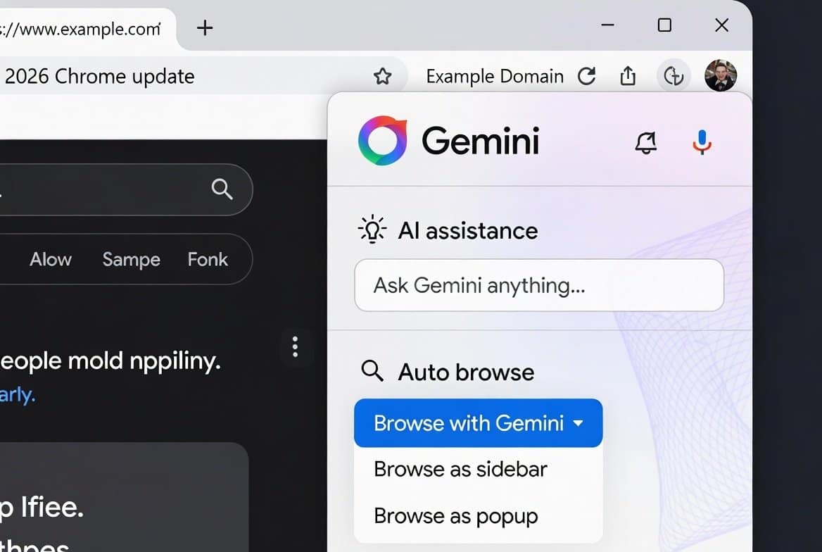 Gemini side panel Chrome showing AI assistance and auto browse in 2026 update