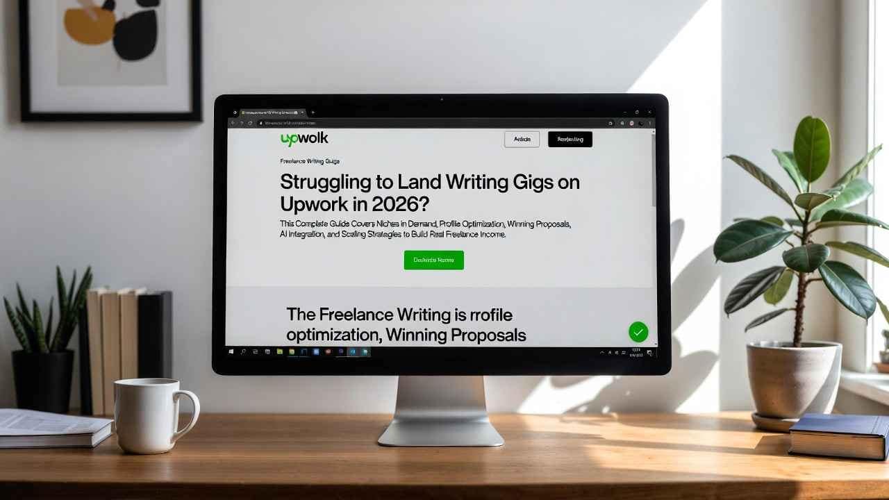 Freelance writer using Upwork to secure high-paying content and copywriting jobs in 2026 on a professional setup laptop