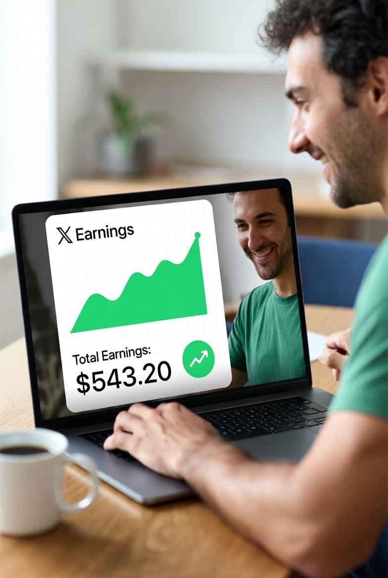 Creator checking X ads revenue sharing 2025 dashboard on laptop, with payout graph rising—perfect for apply for X monetization guide