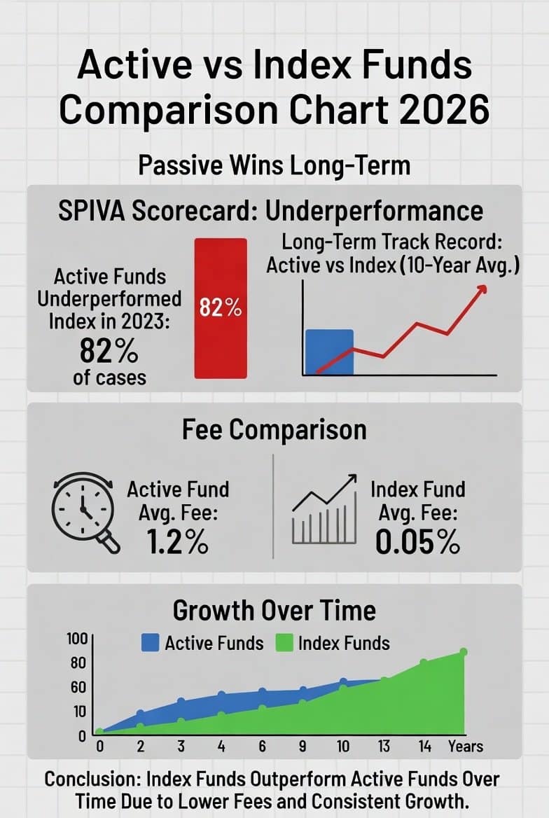 Active vs Index Funds Comparison Chart 2026 - Passive Wins Long-Term