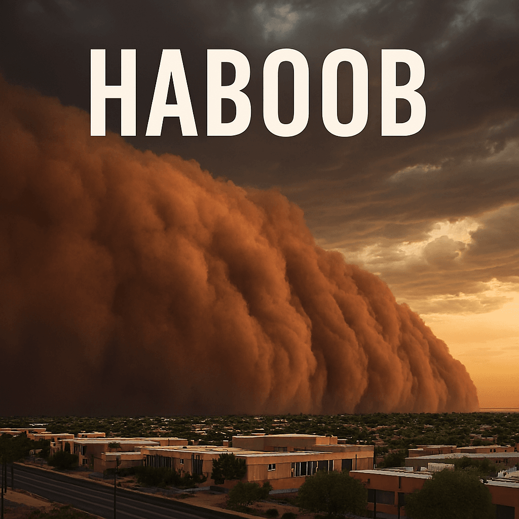 Massive haboob dust storm approaching Phoenix skyline at sunset, with bold HABOOB text overlay and dramatic clouds.