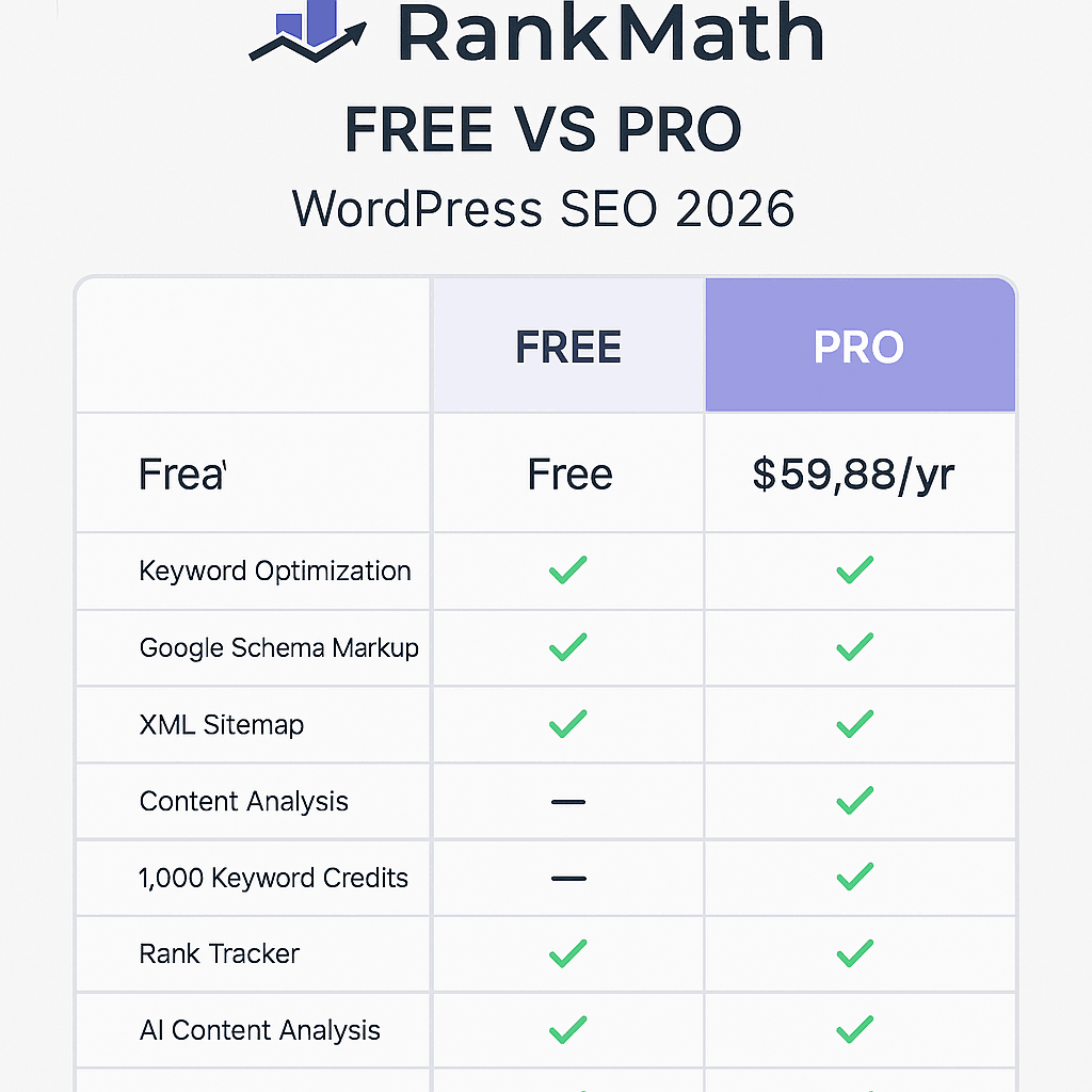 Rank Math Free vs Pro comparison chart showing features and pricing for WordPress SEO in 2026