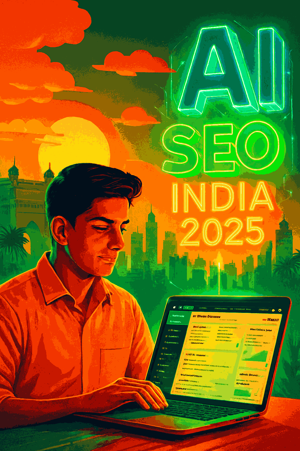 best ai tools for seo content creation india | Best Ai Tools for Seo Content Creation India: 2025 Guide to Dominate Google Like a Pro | TamzidulHaque.com Best AI tools for high-ranking content in India 2025 illustration — Indian creator at laptop with SEMrush dashboard, glowing AI holograms of SEO India 2025 keywords above Mumbai skyline in saffron and green