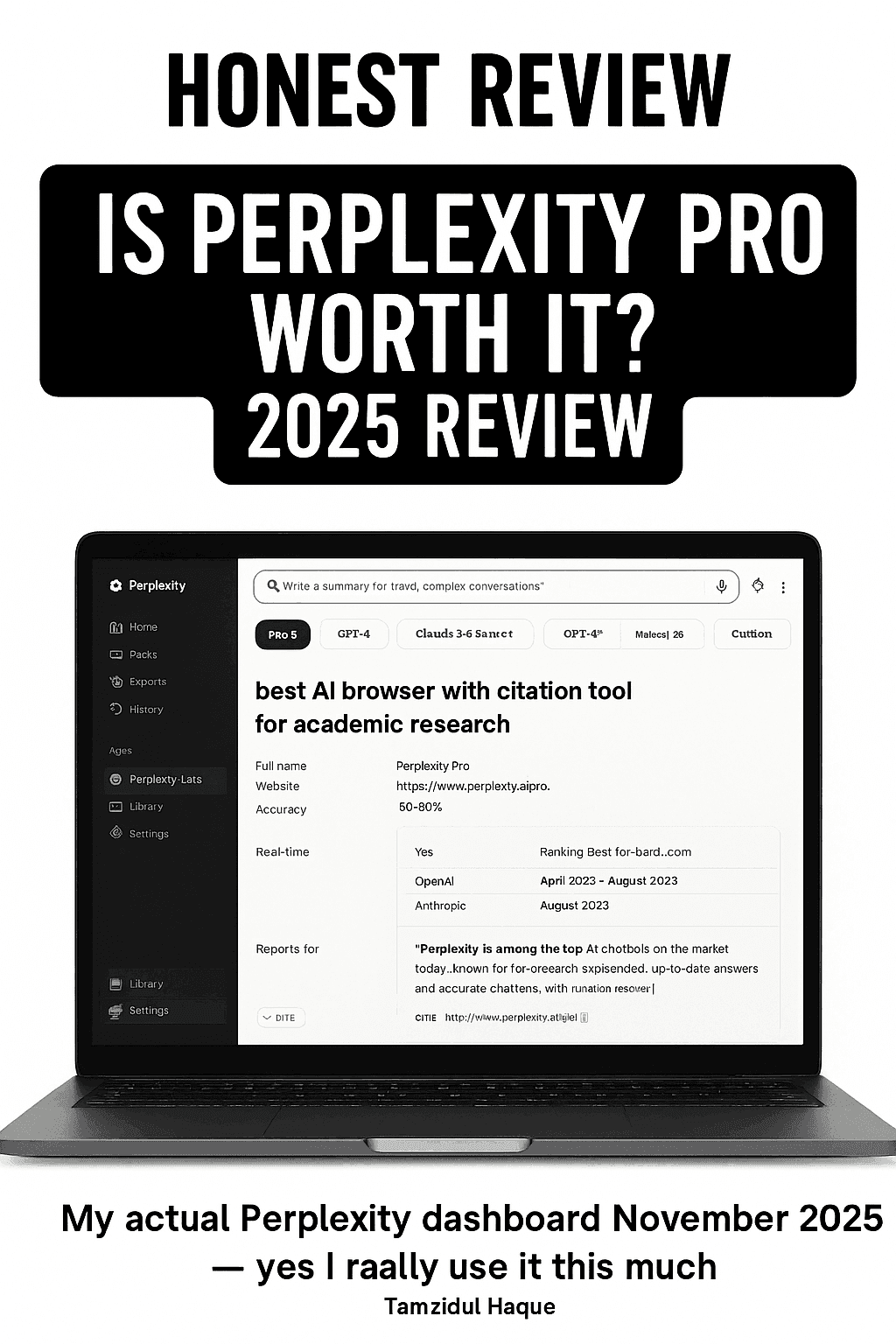 Perplexity Pro dashboard 2025 with Claude 4.5 Sonnet and GPT-5 model selector – honest review by Tamzidul Haque