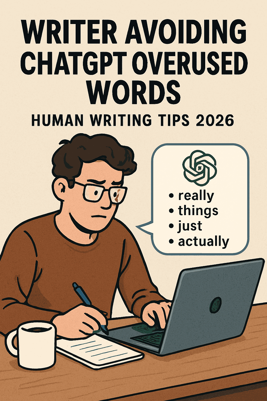 Writer avoiding ChatGPT overused words at laptop with coffee – human writing tips 2026