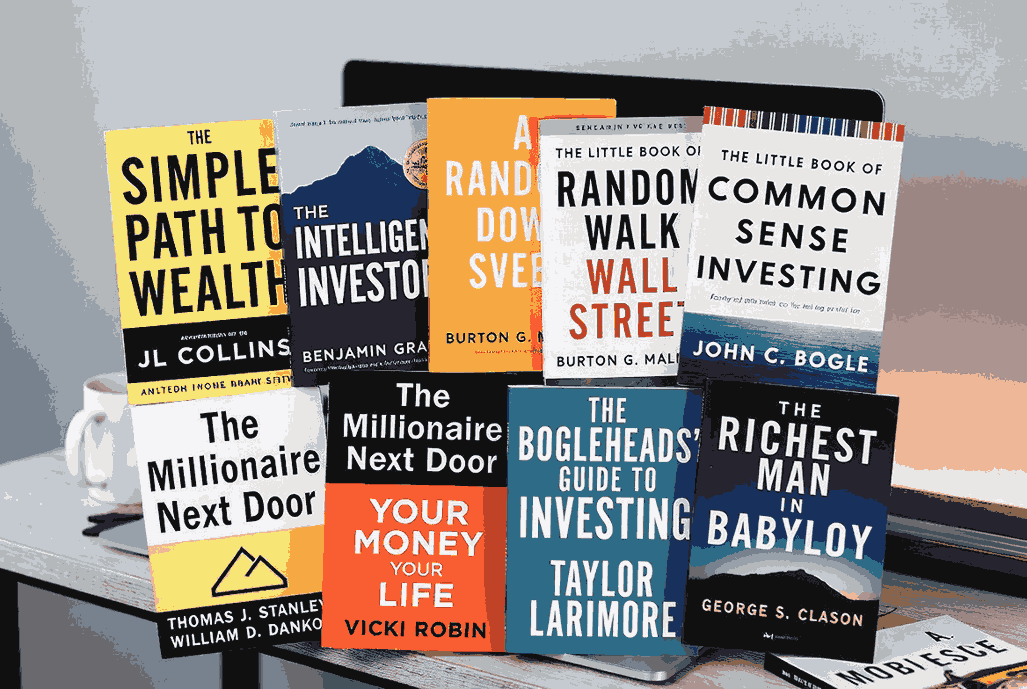 Collage of 7 colorful book covers on a millennial desk with coffee mug and laptop—Best Investing Books for Millennials 2025 by Tamzidul Haque