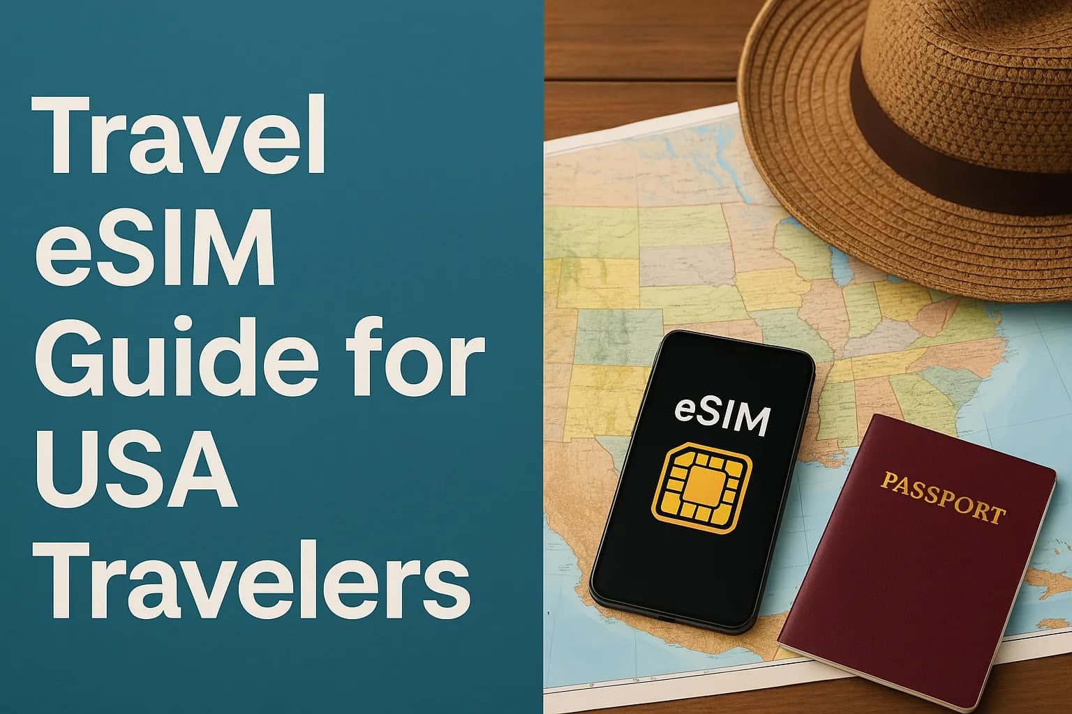 Travel eSIM guide for USA travelers with passport, smartphone, and map