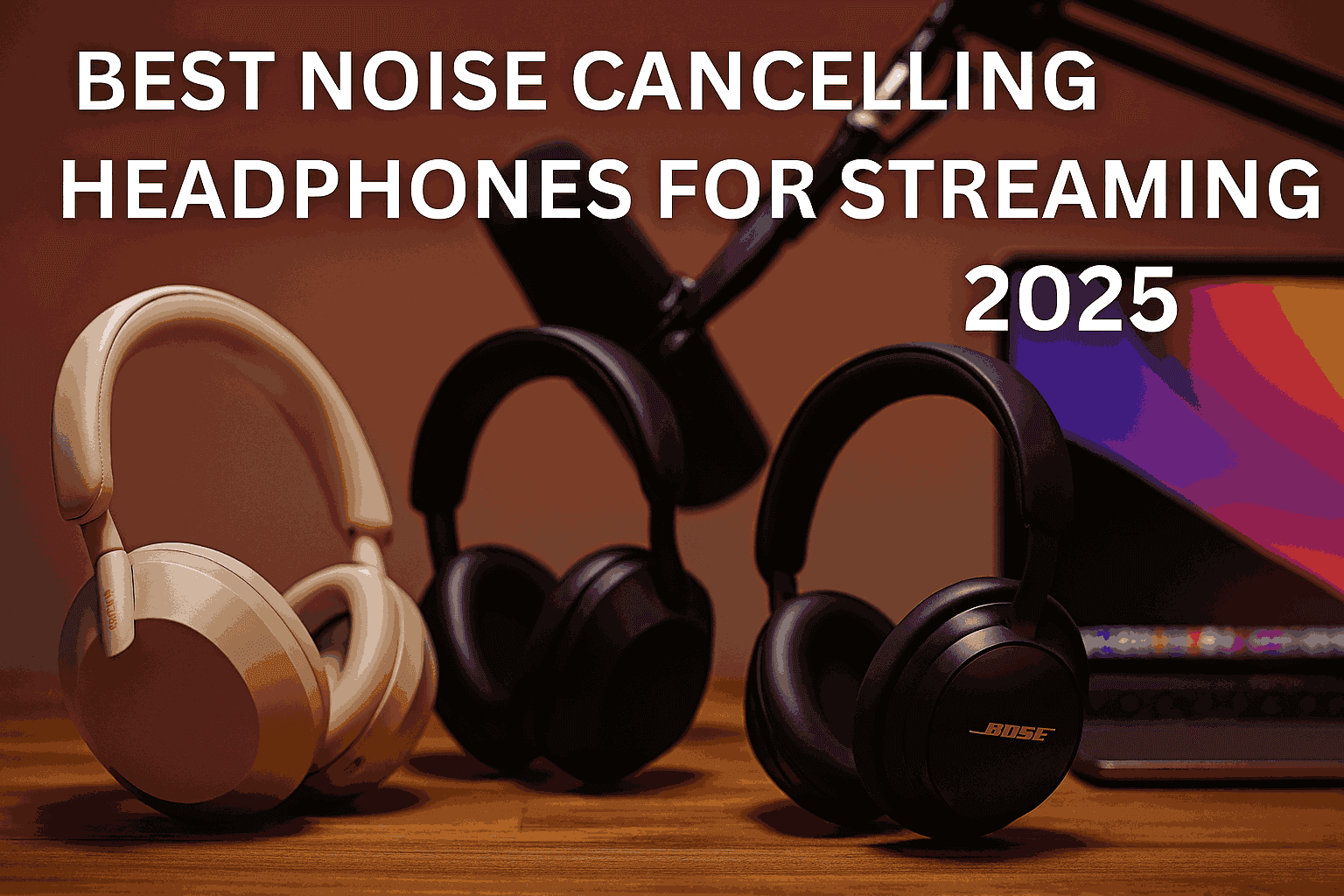 Collage of best noise cancelling headphones for streaming 2025 including Sony WH-1000XM6 and Bose QC Ultra on a creator's desk setup with mic and laptop
