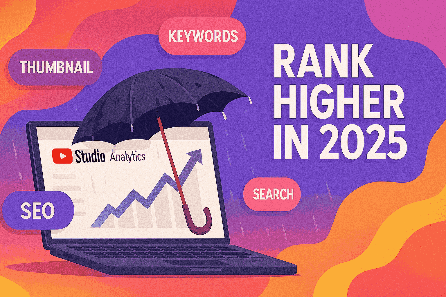 How to Rank YouTube Videos in 2025 – SEO Tips Graphic with YouTube logo, upward arrow chart, and keyword icons