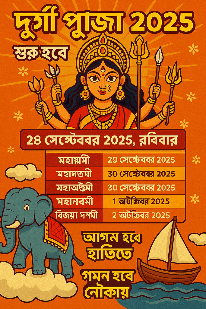 দূর্গা পূজা ২০২৫ 1 | দূর্গা পূজা ২০২৫ – কবে,তিথি, তারিখ, ছুটি, পূজার সময়সূচী ও বাংলার শ্রেষ্ঠ উৎসব | TamzidulHaque.com দূর্গা পূজা ২০২৫ 1 | দূর্গা পূজা ২০২৫ – কবে,তিথি, তারিখ, ছুটি, পূজার সময়সূচী ও বাংলার শ্রেষ্ঠ উৎসব | TamzidulHaque.com