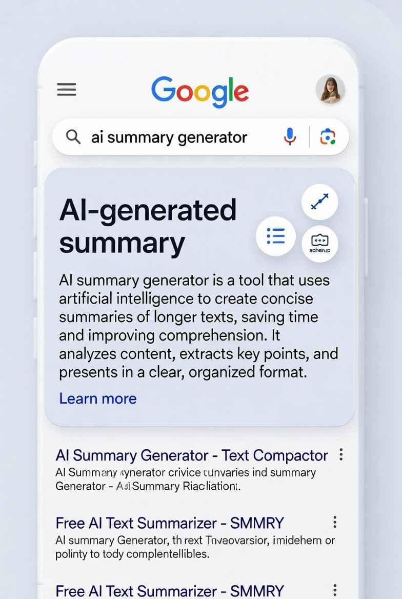 Illustration of Google AI Overviews box with content snippets and upward arrow for ranking growth in 2025 – SEO optimized for GEO strategies for beginners