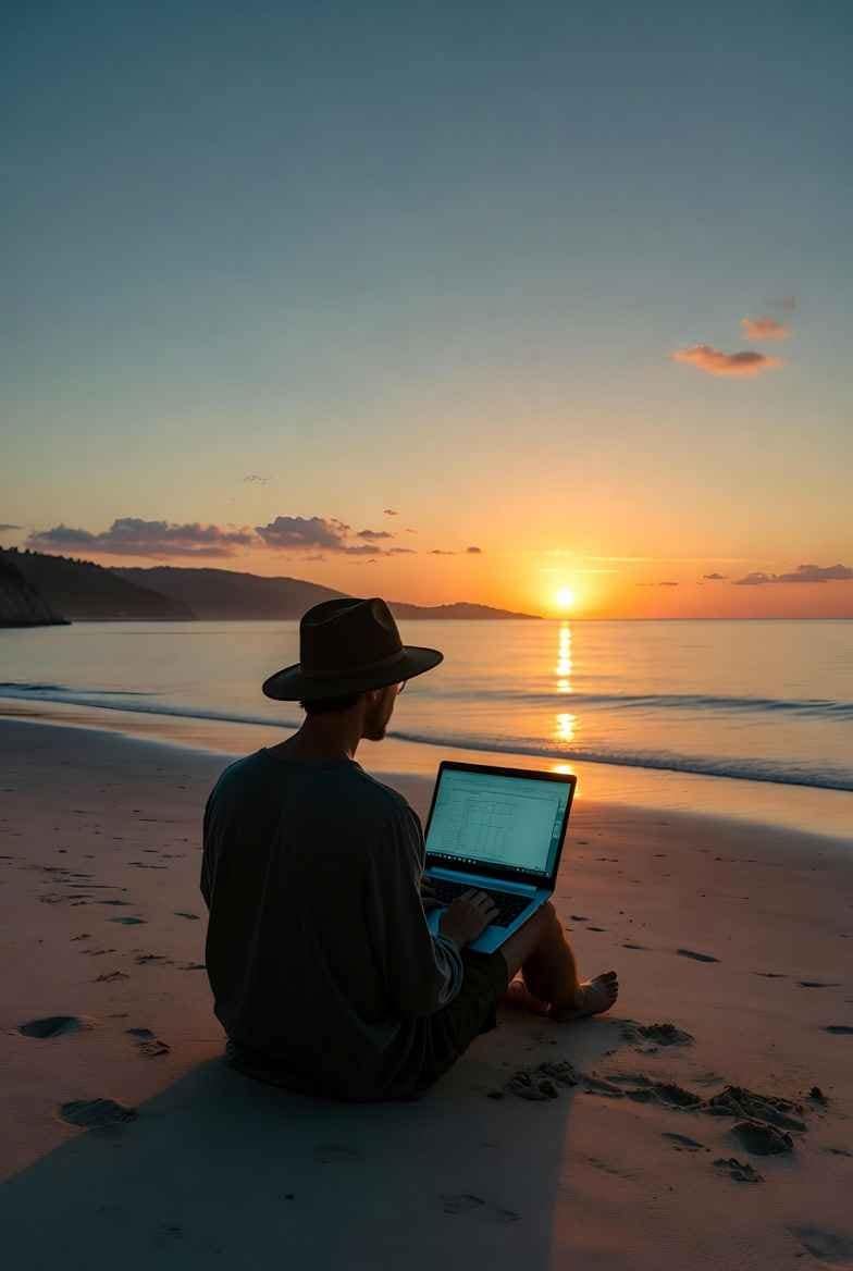 Digital nomad achieving perfect work life balance working on laptop at sunset beach in Thailand 2025