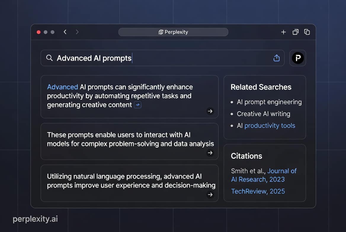 Illustration of advanced AI prompts on Perplexity interface with search results and citations, 2025 style