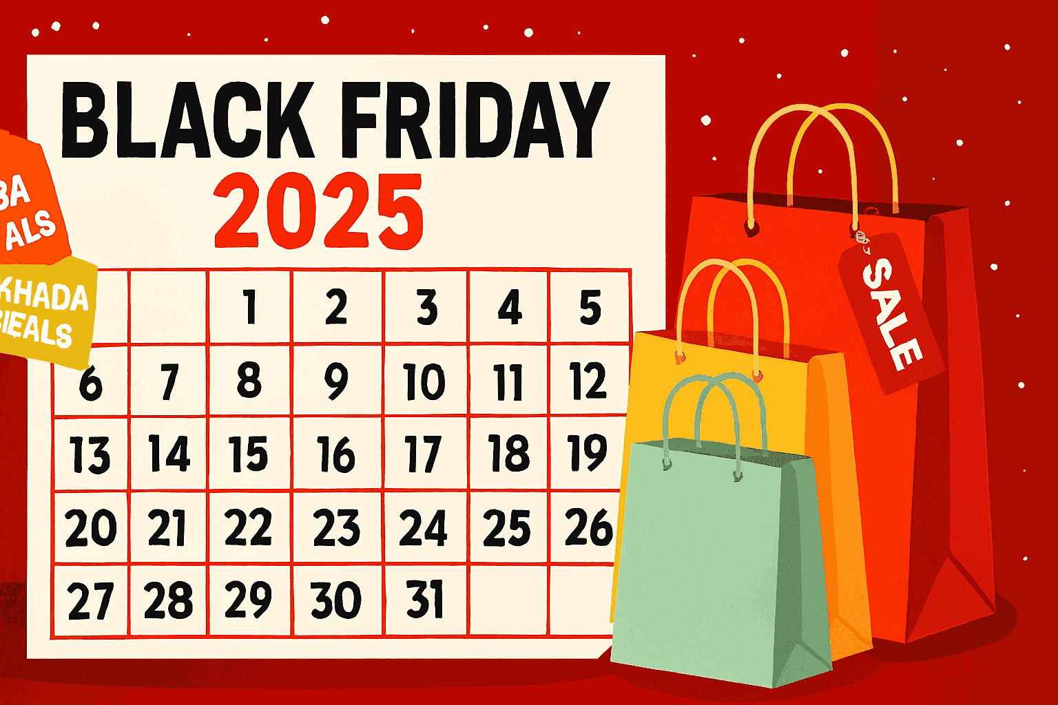 Black Friday 2025 countdown calendar showing 31 days with shopping bags and sale tags for USA and Canada deals