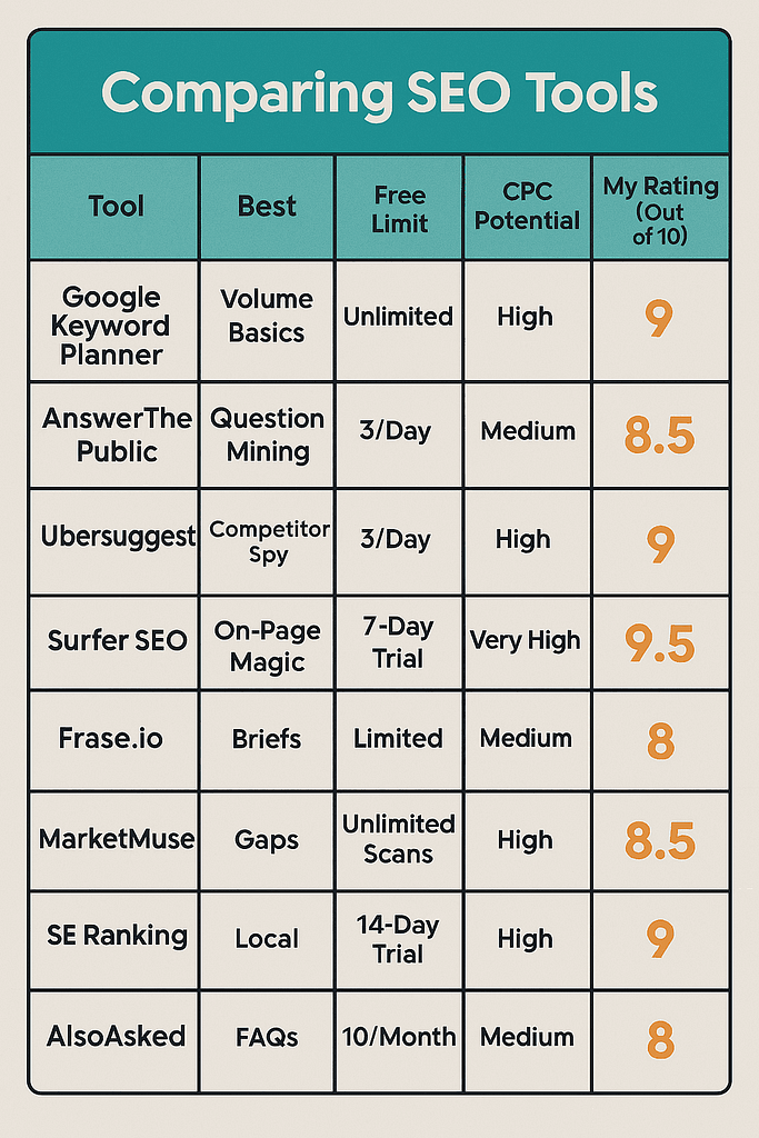 Comparison chart of top AI SEO tools 2025 for beginners – keyword research and optimization features.