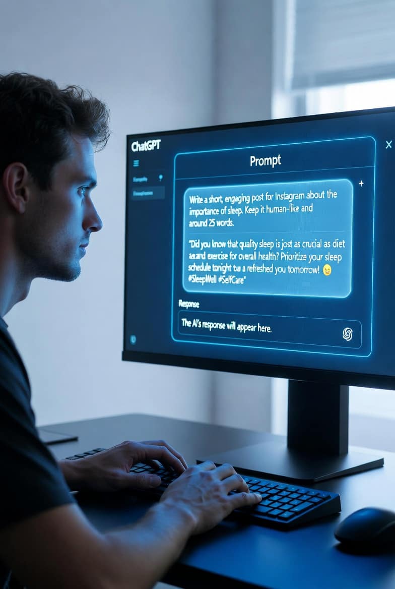 Person typing on laptop with ChatGPT interface showing effective prompt example, modern desk setup, blue tones for tech feel.